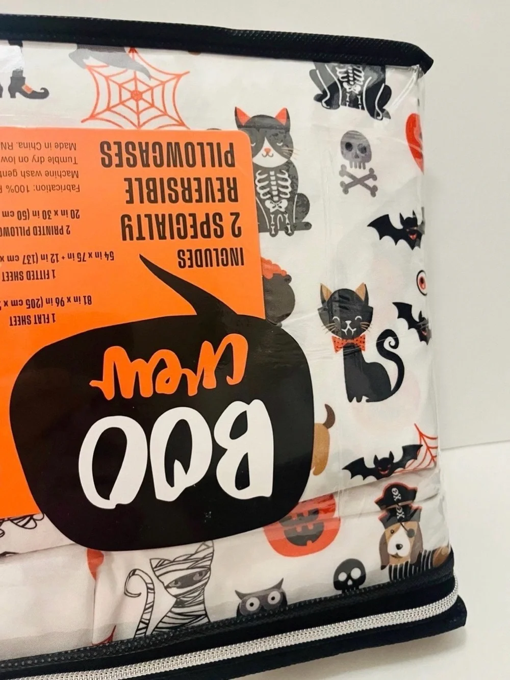 Boo Crew Halloween Full Size Sheet Set Cats Skulls Cobwebs Spiders Owls Dog Cat